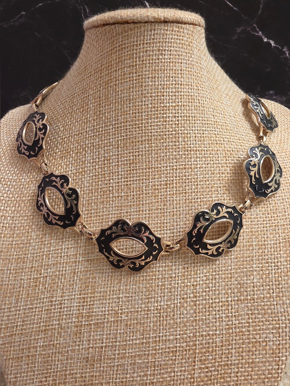 Vintage Damascene Style Black Gold Articulated Choker Necklace